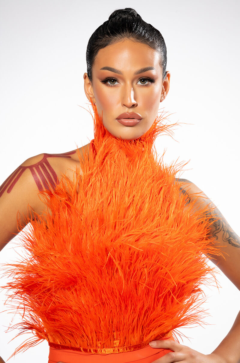 GENUINE OSTRICH FEATHER SLEEVELESS CROPPED HALTER BLOUSE view 0