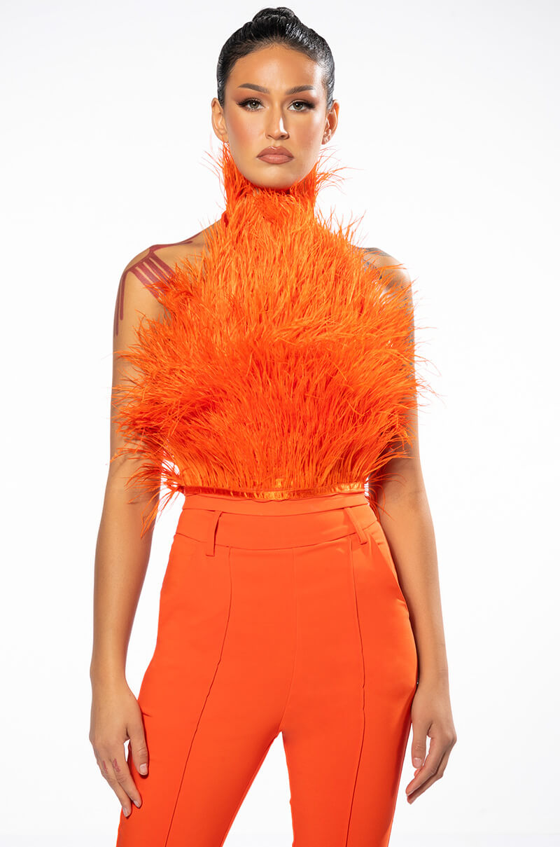 Back View Genuine Ostrich Feather Sleeveless Cropped Halter Blouse In Orange