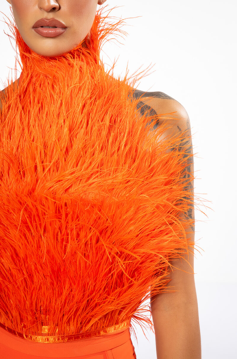 Extra View Genuine Ostrich Feather Sleeveless Cropped Halter Blouse In Orange