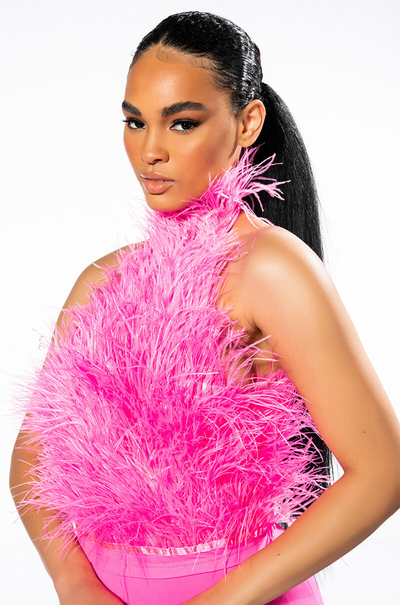 Front View Genuine Ostrich Feather Sleeveless Cropped Halter Blouse