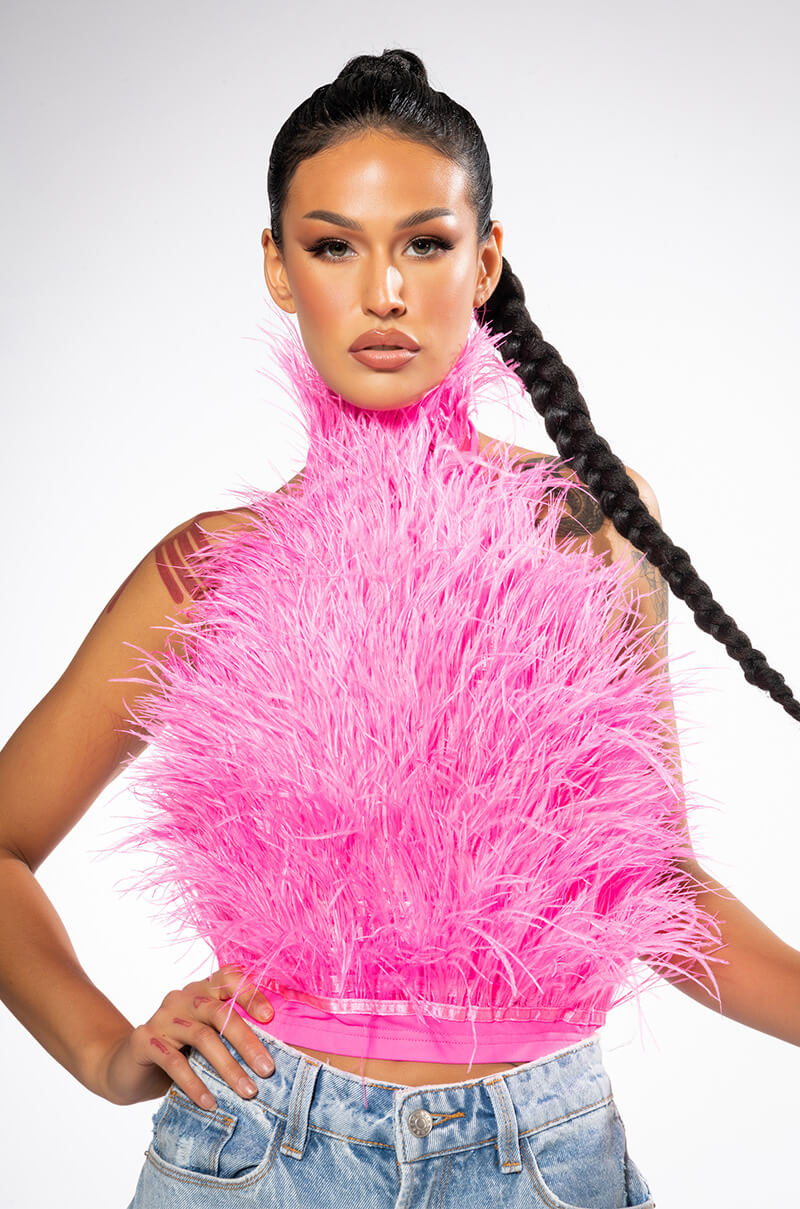 GENUINE OSTRICH FEATHER SLEEVELESS CROPPED HALTER BLOUSE view 0