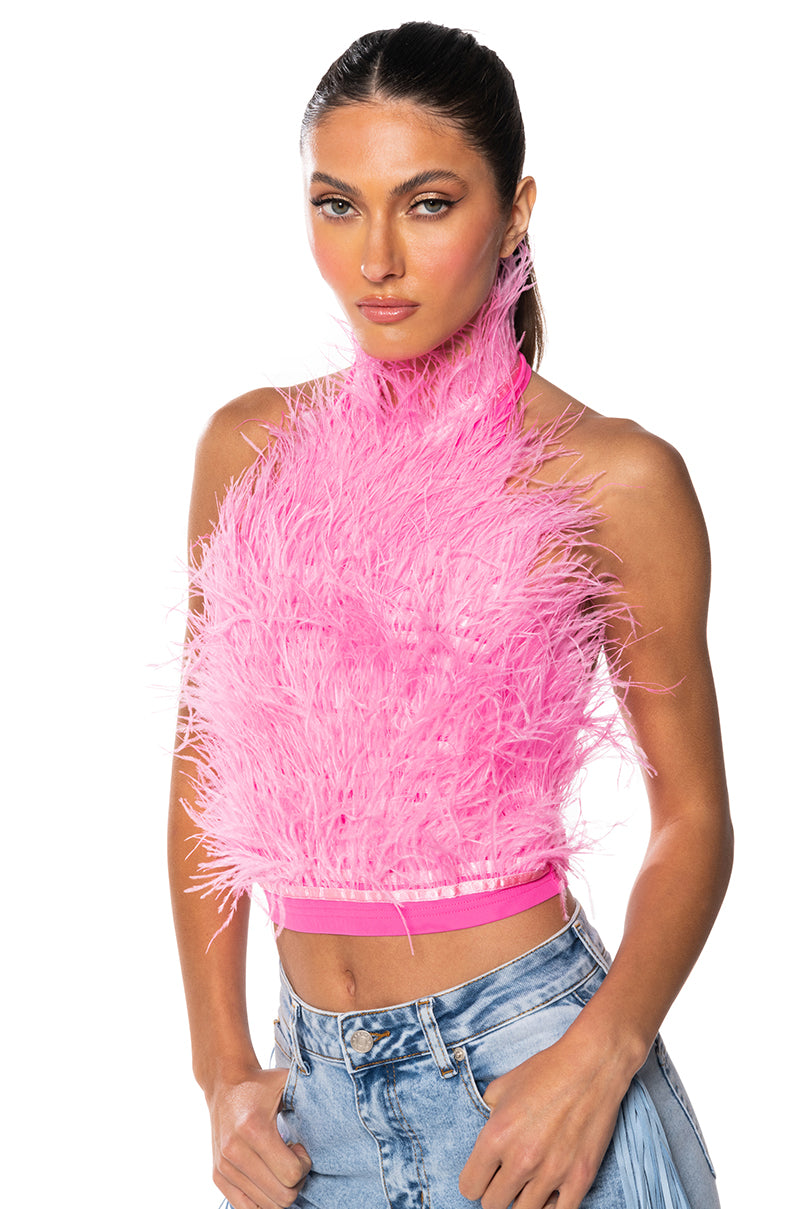 Front View Genuine Ostrich Feather Sleeveless Cropped Halter Blouse