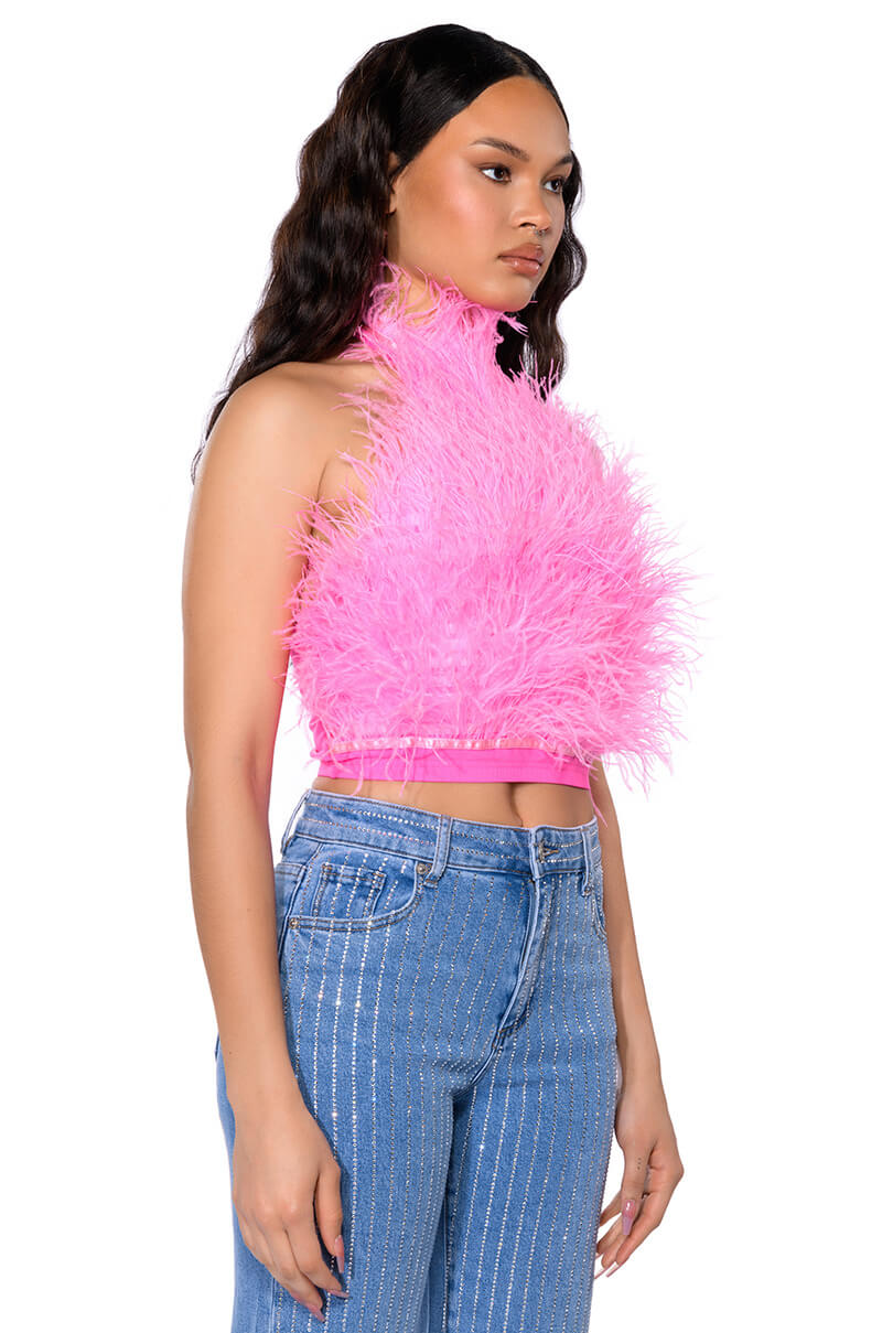 Side View Genuine Ostrich Feather Sleeveless Cropped Halter Blouse