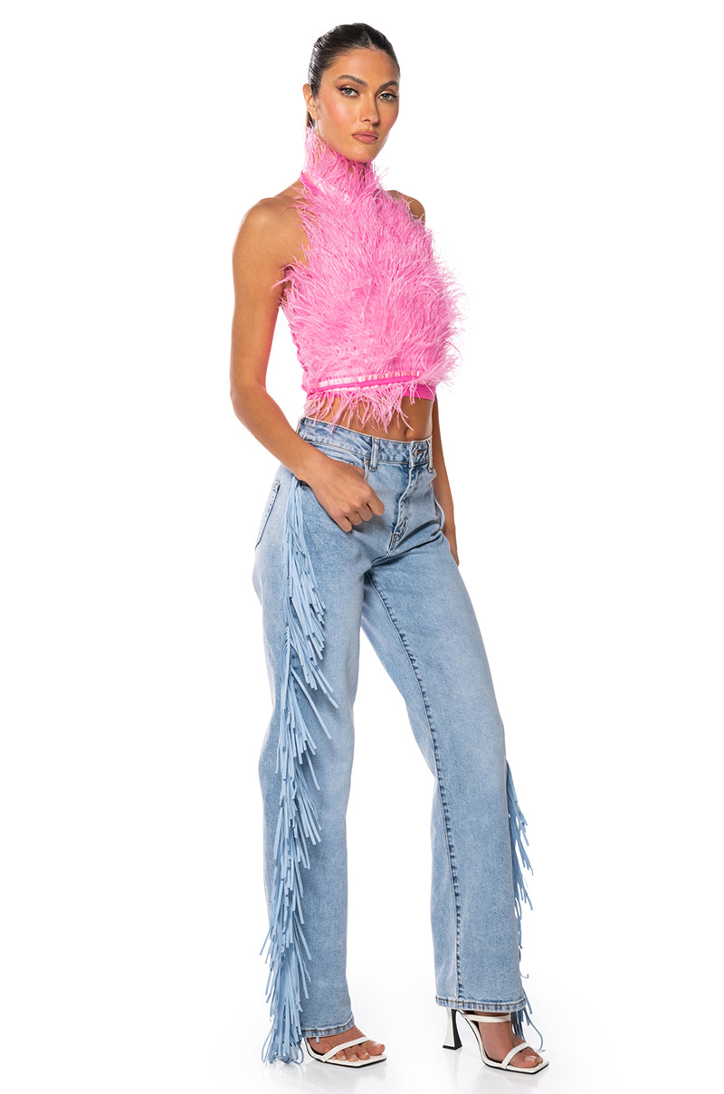 Back View Genuine Ostrich Feather Sleeveless Cropped Halter Blouse