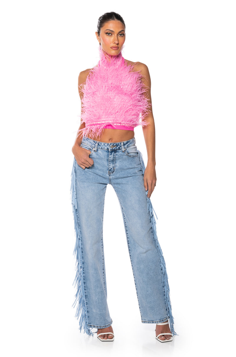 Detail View Genuine Ostrich Feather Sleeveless Cropped Halter Blouse