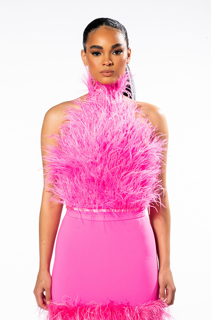 Full View Genuine Ostrich Feather Sleeveless Cropped Halter Blouse