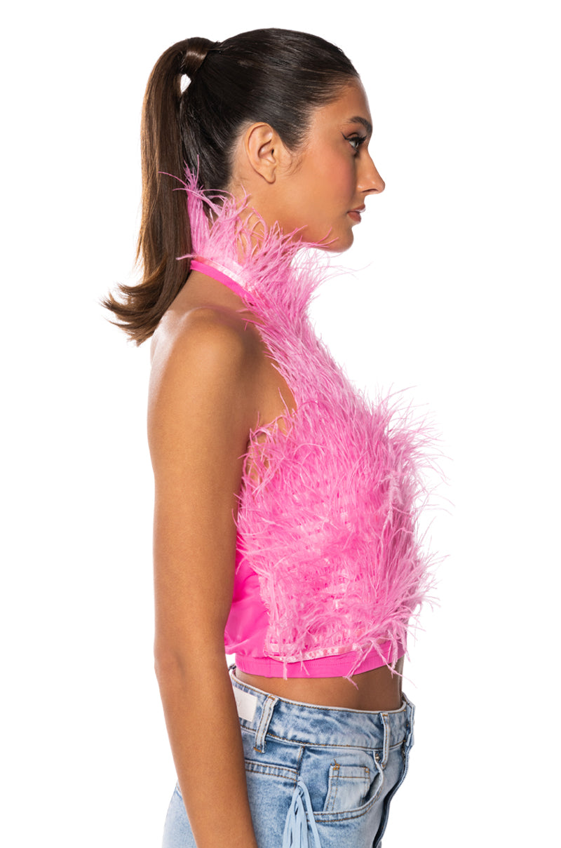 Full View Genuine Ostrich Feather Sleeveless Cropped Halter Blouse