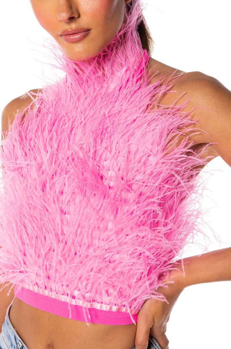 Extra View Genuine Ostrich Feather Sleeveless Cropped Halter Blouse