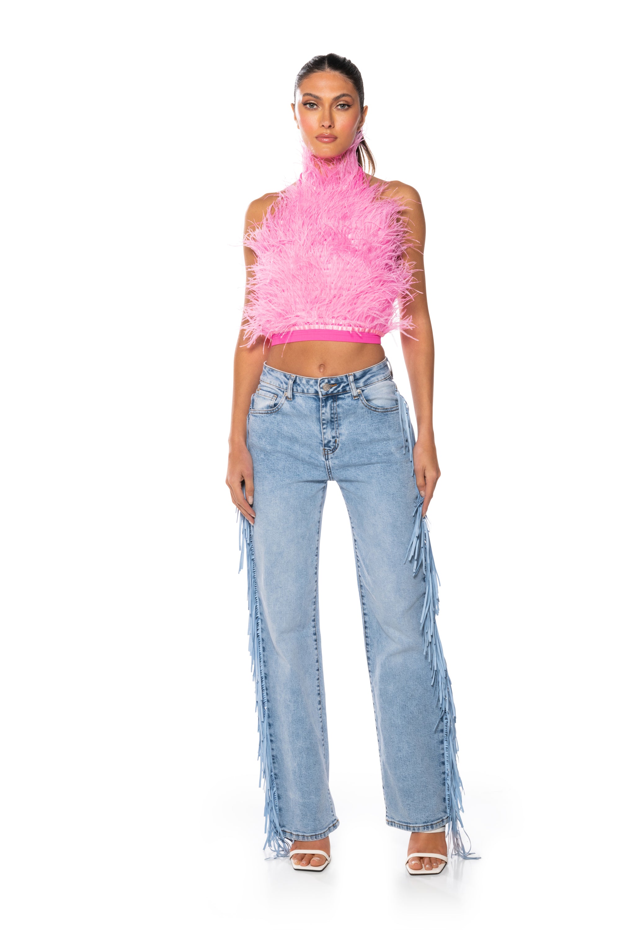 Extra View Genuine Ostrich Feather Sleeveless Cropped Halter Blouse