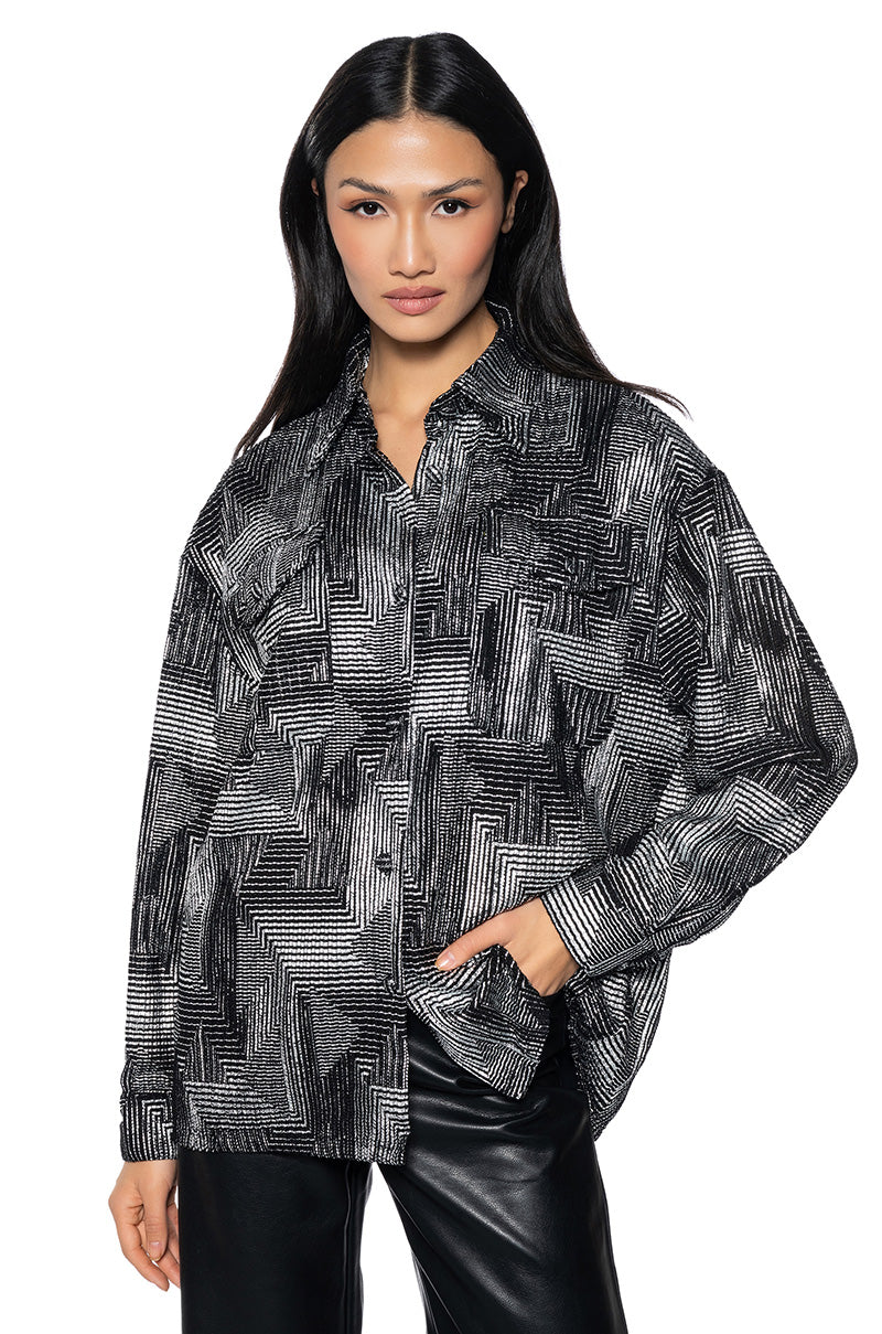 Front View Geo Metallic Button Down Shirt