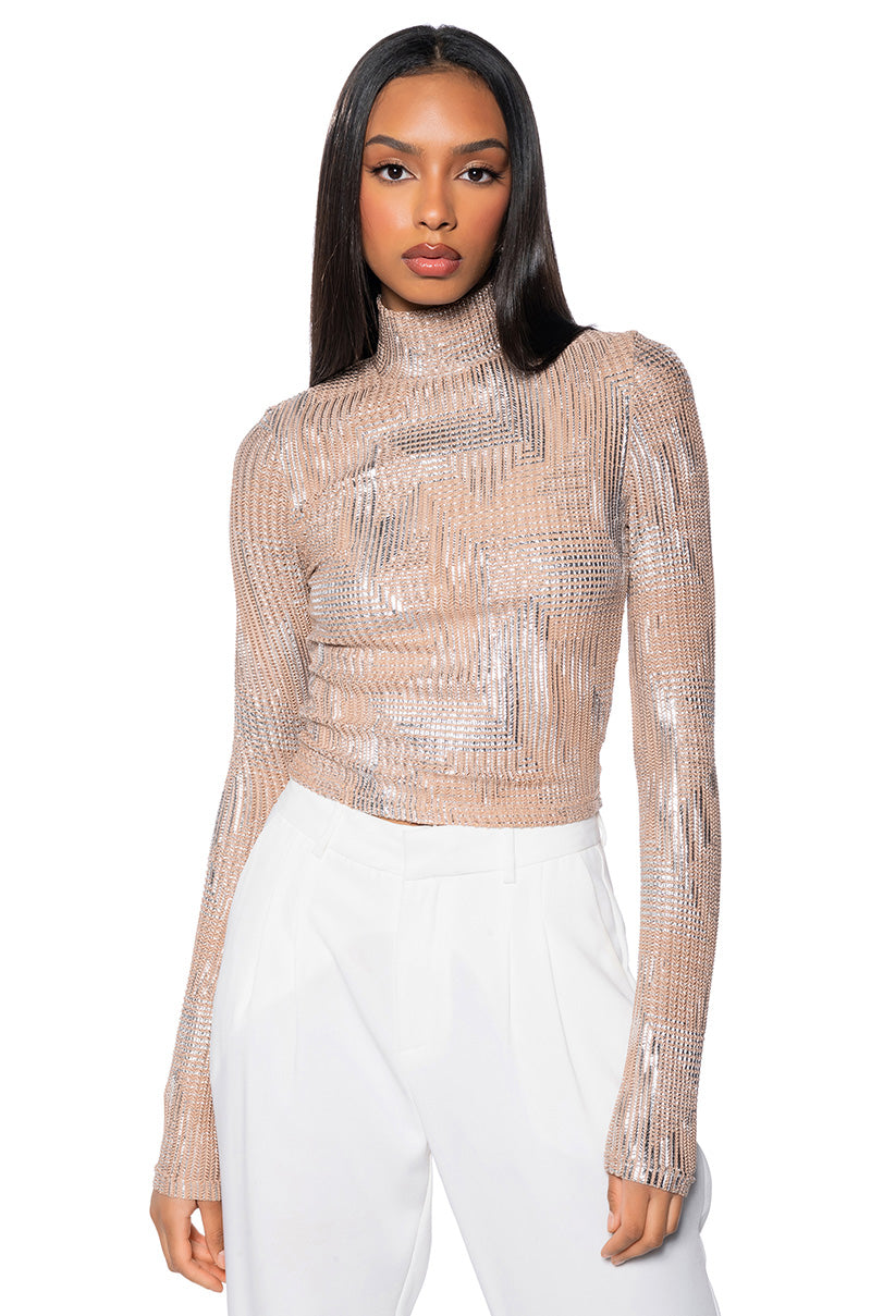 Front View Geo Metallic Mock Neck Top