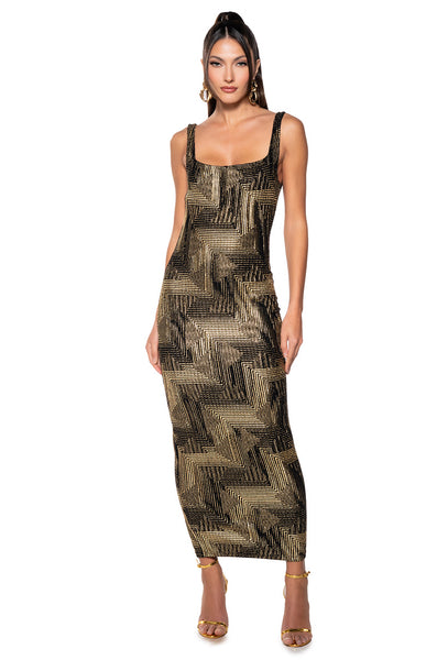 GEO METALLIC SQUARE NECK MAXI DRESS – AKIRA