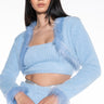 Front View Get A Clue Fuzzy Blue Crop Sweater