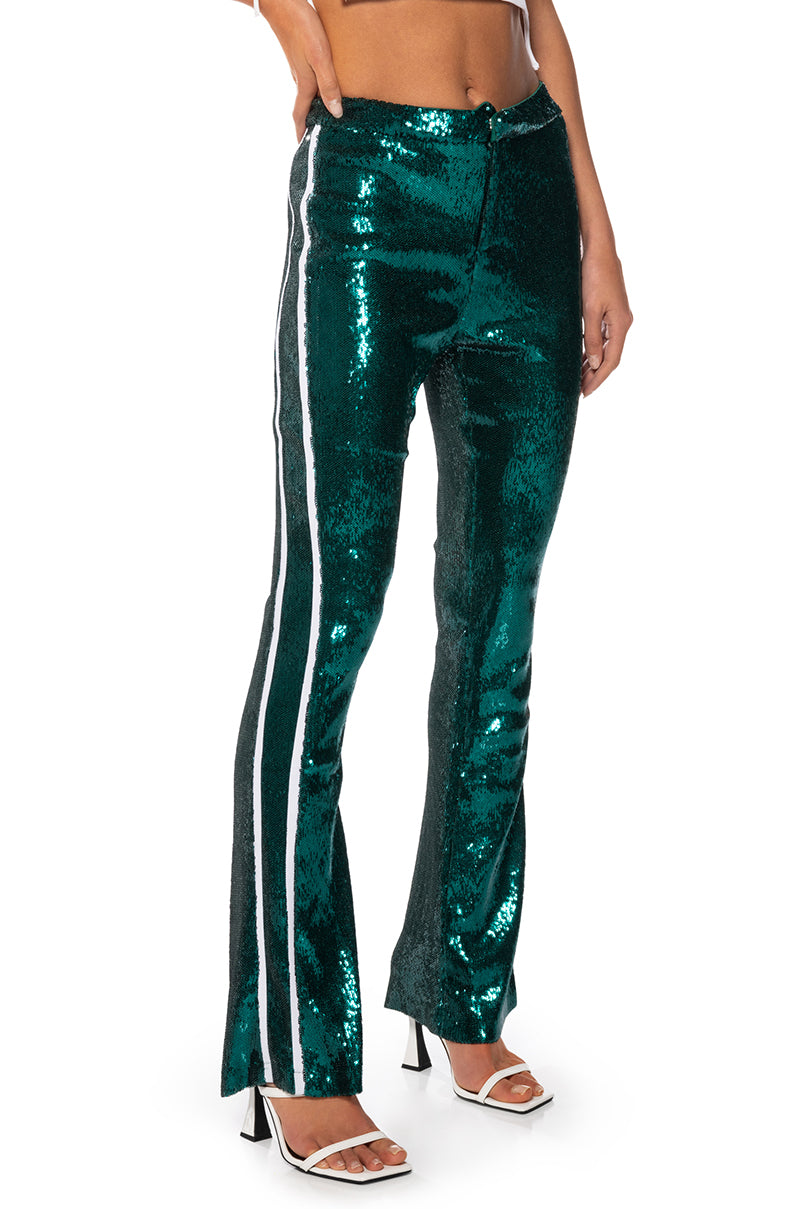 Front View Get Down On It Sequin Flare Trouser