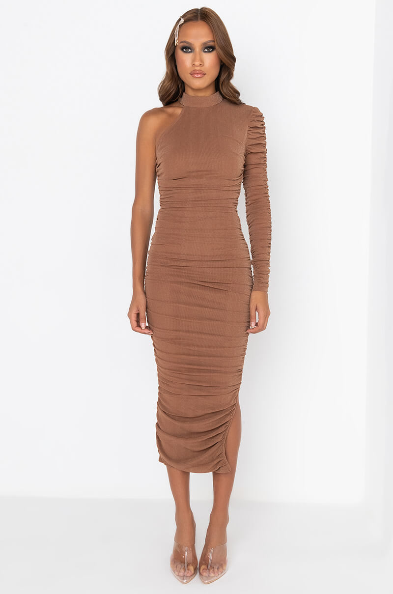 Side View Get It Right Mock Neck One Sleeve Midi Dress 1