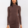 Front View Get On My Level Long Sleeve Drawstring Mini Dress in Brown