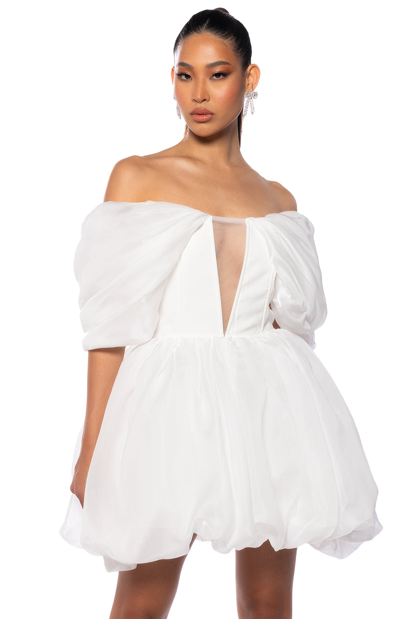 Front View Gia Off The Shoulder Puff Sleeve Mini Dress