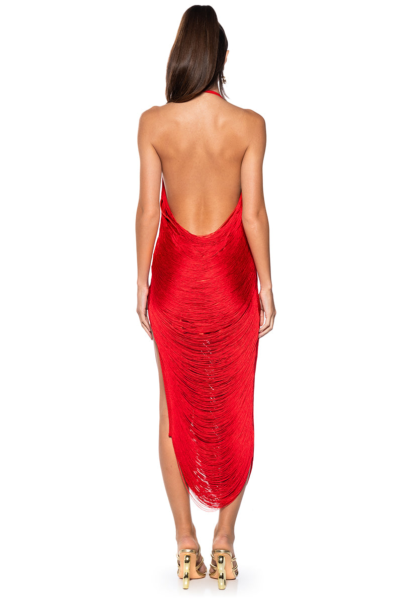 Extra View Gianina Fringed Cowl Neck Maxi Dress In Red