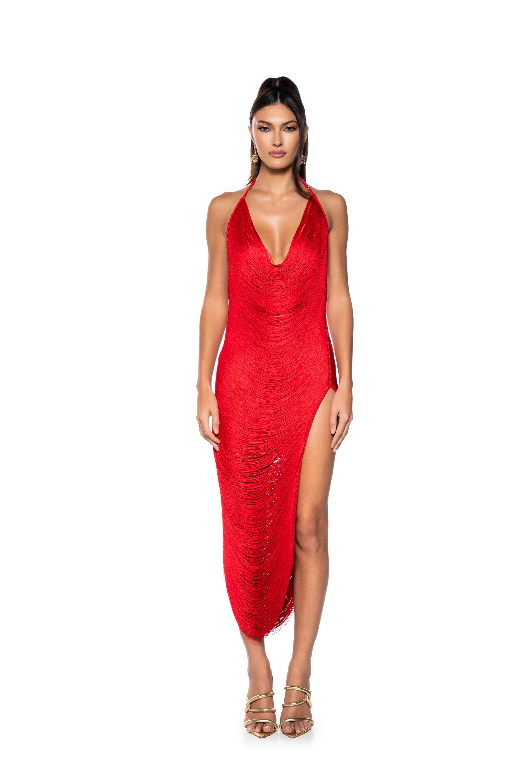 Extra View Gianina Fringed Cowl Neck Maxi Dress In Red