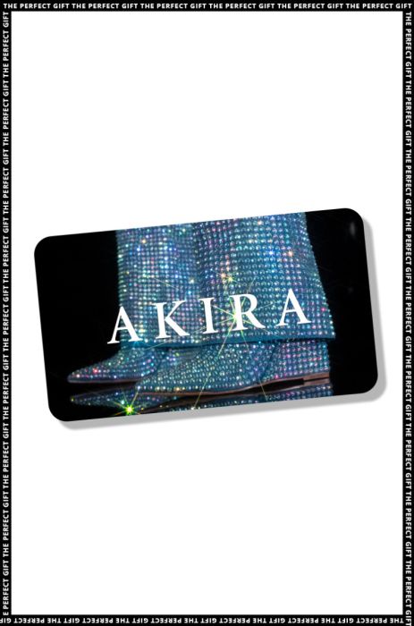 A sleek black AKIRA Gift Card showcases a sparkling, rhinestone-encrusted glove with "AKIRA" prominently displayed in white text. The border is decorated with the repeated phrase "THE PERFECT GIFT." This digital gift card can be easily redeemed online, making it an ideal choice.