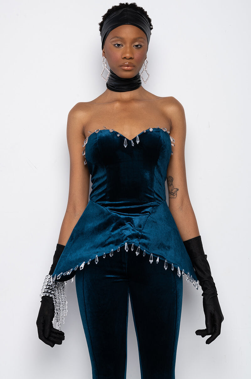 GIFTED RHINESTONE TRIM VELVET BUSTIER TOP – AKIRA