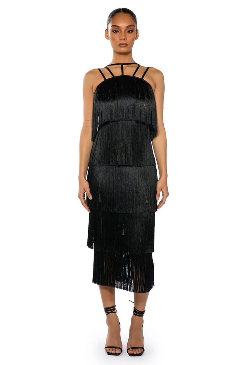 Front View Giggle Waters Maxi Fringe Layered Dress
