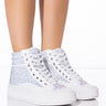 Front View Gigi Embellished High Top Sneaker In White