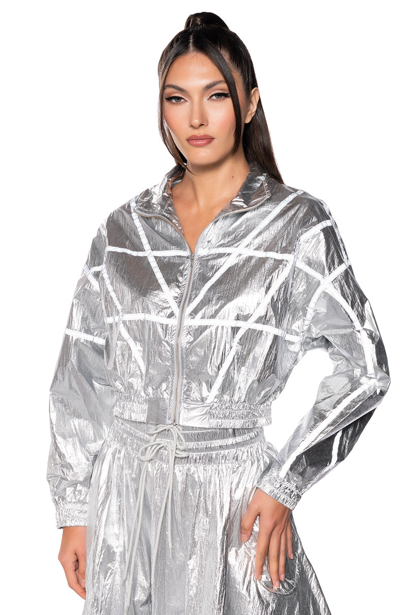 Front View Give You The World Metallic Reflective Bomber Jacket