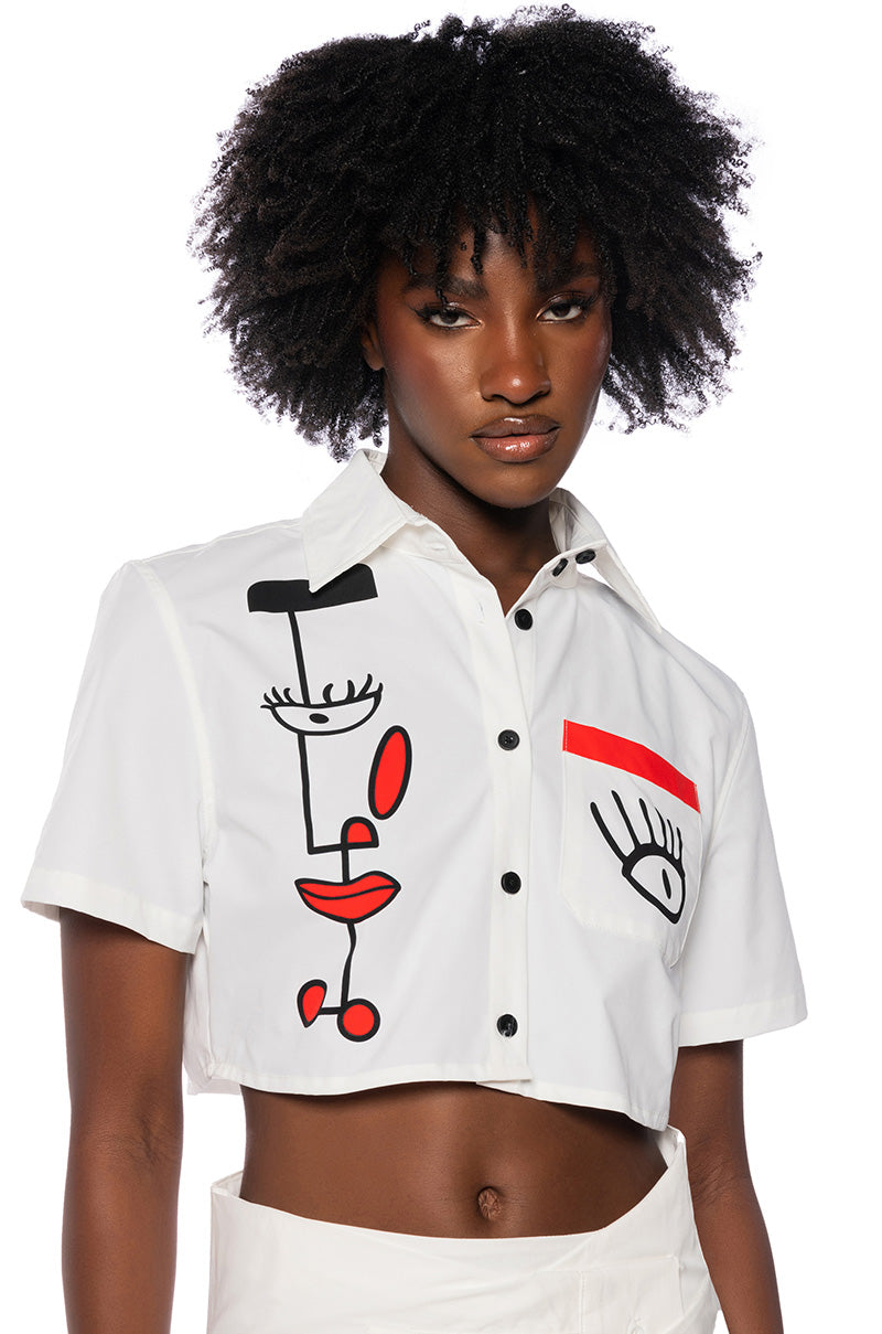 Front View Giving Attitude Printed Poplin Cropped Button Down