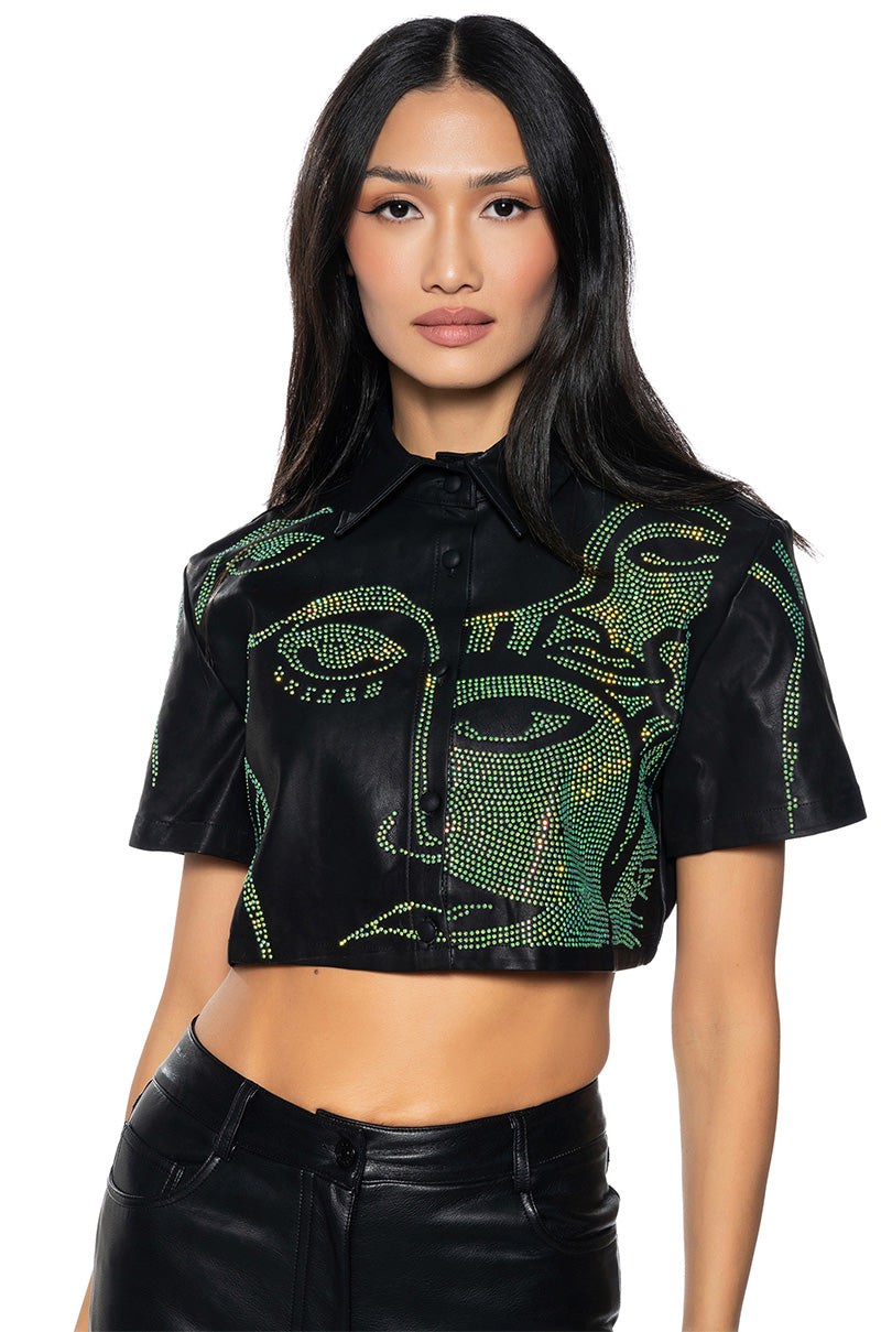 GIVING FACE CROPPED FAUX LEATHER BUTTON DOWN TOP view 0