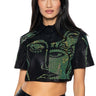 Front View Giving Face Embellished Faux Leather Cropped Blouse In Black Multi