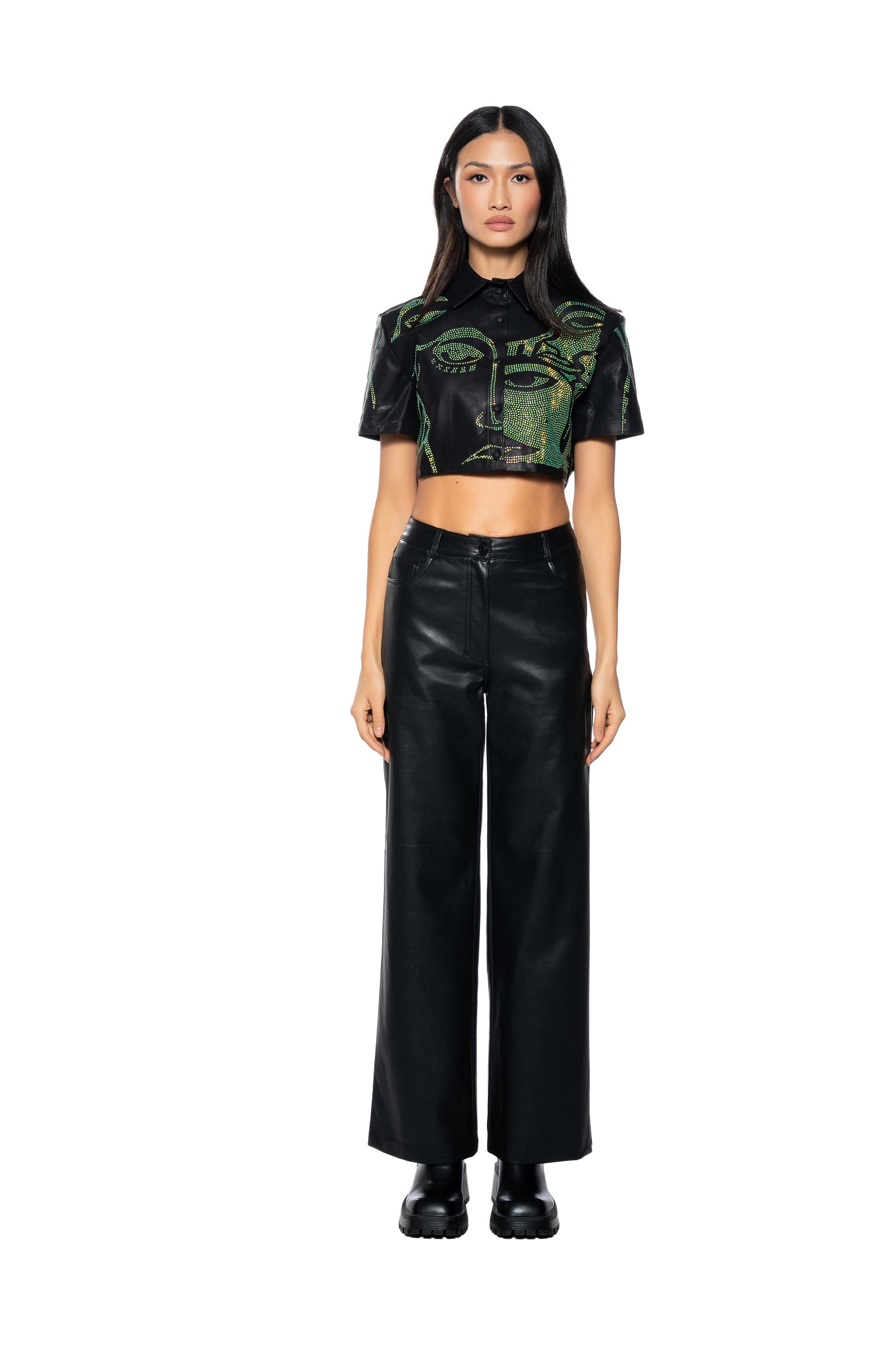 Extra View Giving Face Embellished Faux Leather Cropped Blouse In Black Multi