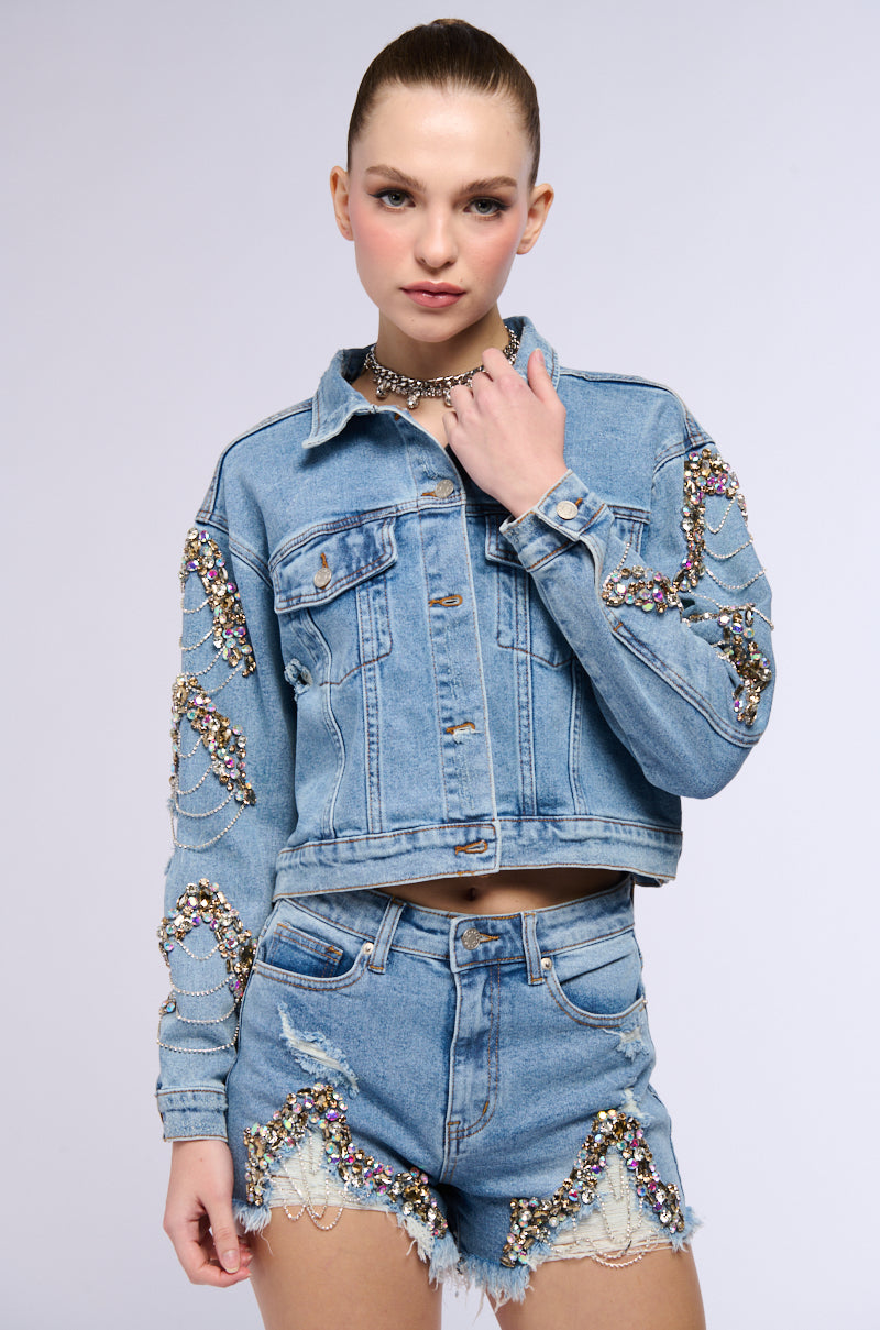 Back View Glamorous Life Rhinestone Jean Jacket