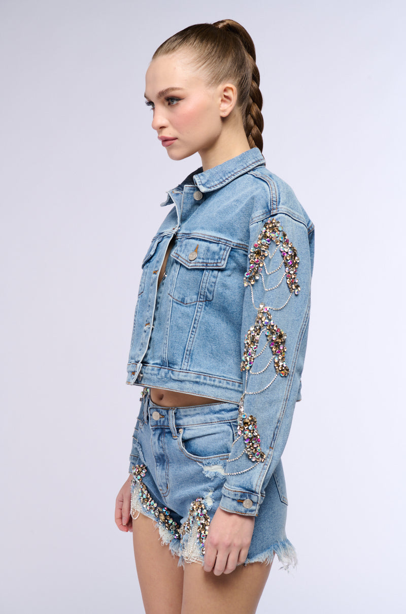 Detail View Glamorous Life Rhinestone Jean Jacket
