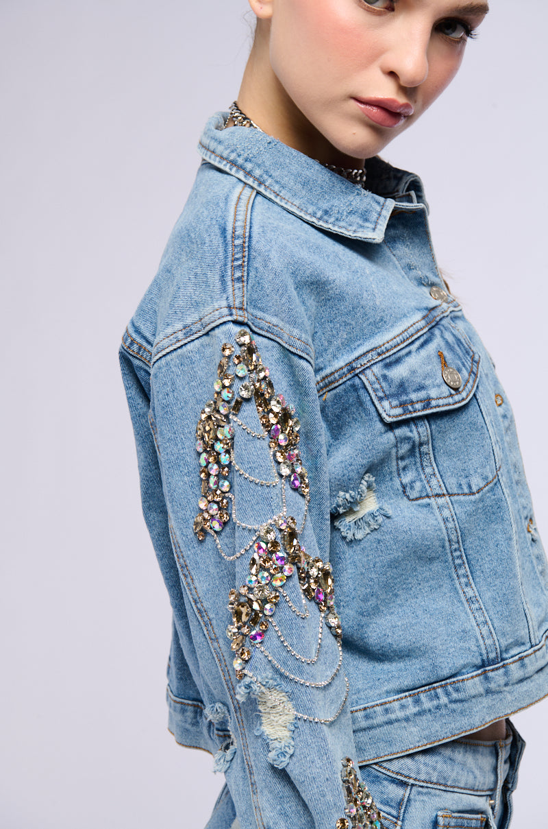 Extra View Glamorous Life Rhinestone Jean Jacket