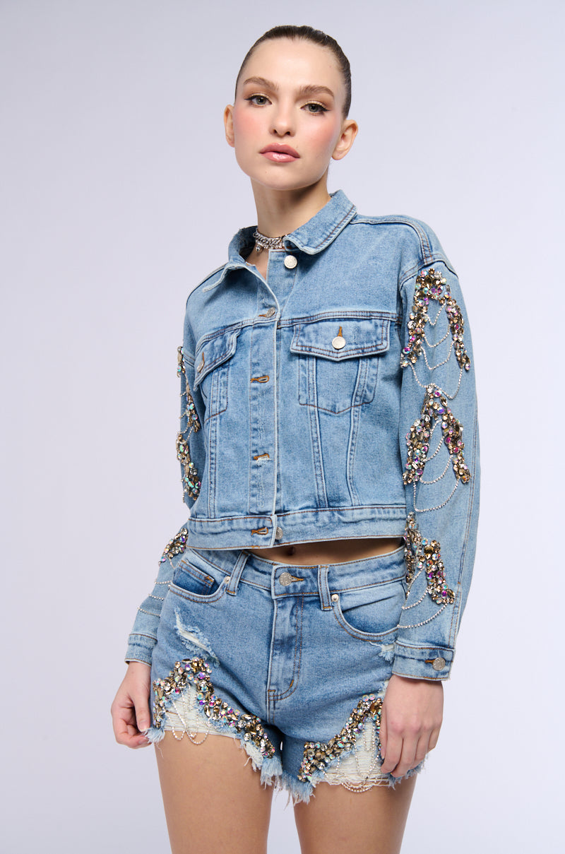 Extra View Glamorous Life Rhinestone Jean Shorts