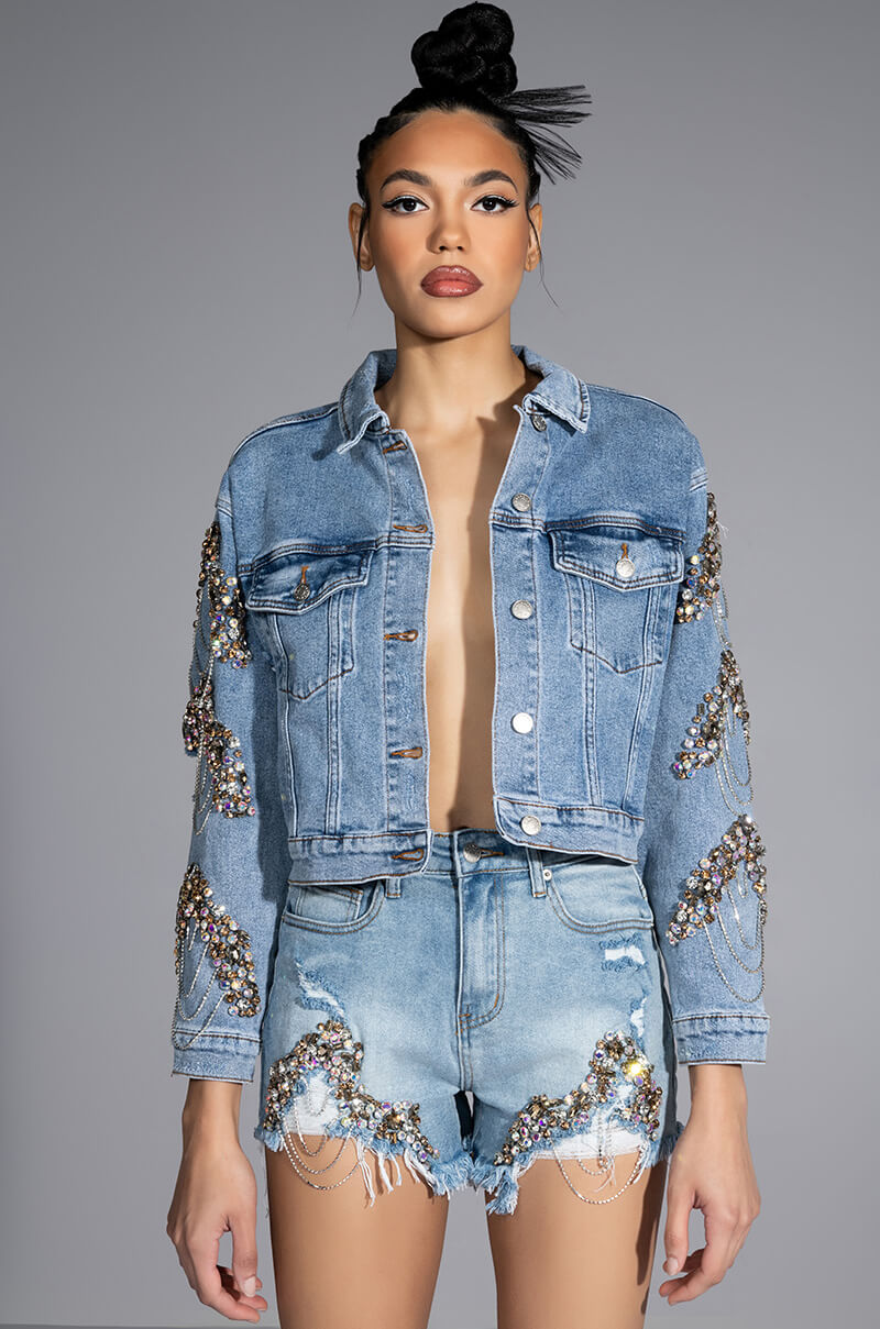 Front View Glamour Rhinestone Denim Jacket