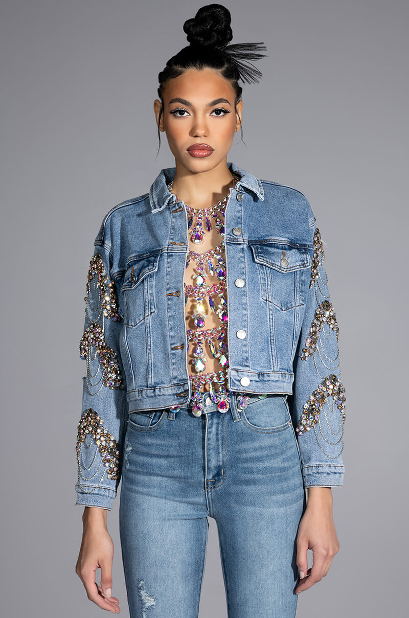 Side View Glamour Rhinestone Denim Jacket