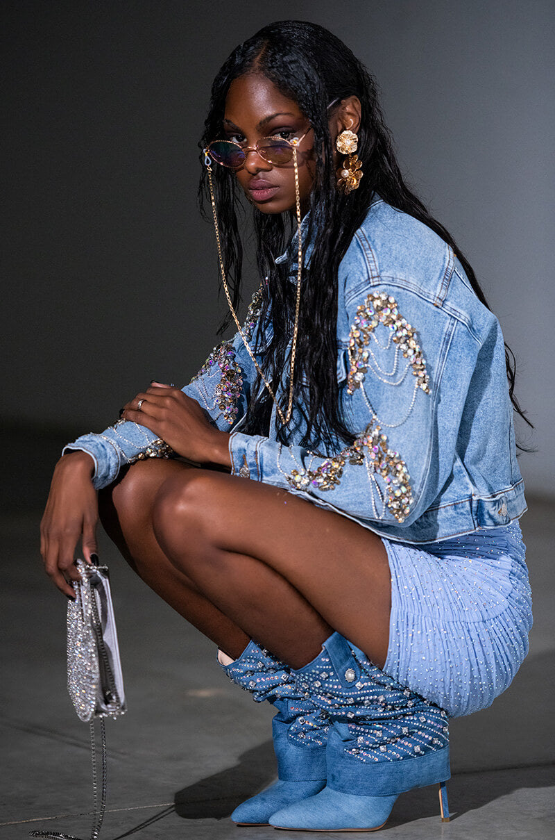 Side View Glamour Rhinestone Denim Jacket in Light Blue Denim