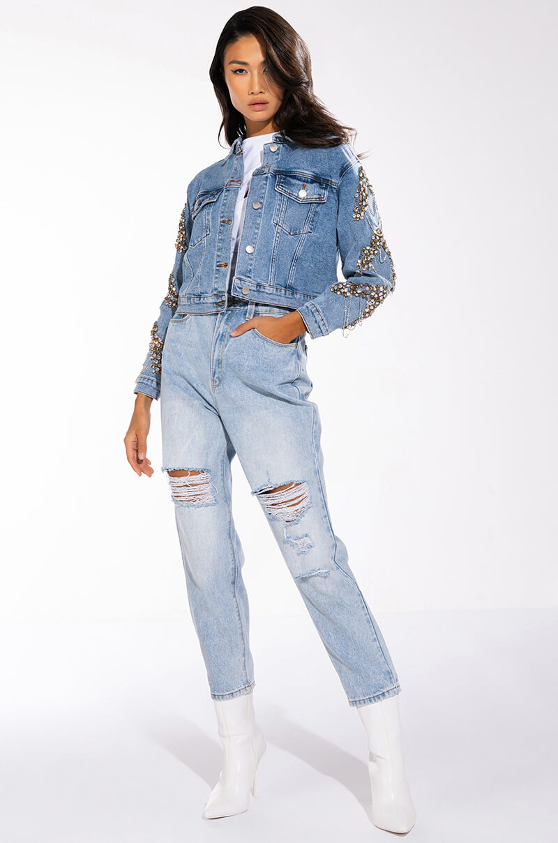 Back View Glamour Rhinestone Denim Jacket