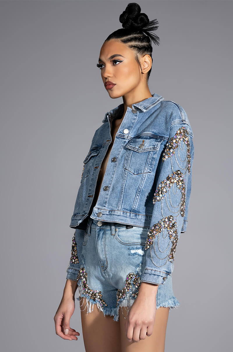 Back View Glamour Rhinestone Denim Jacket