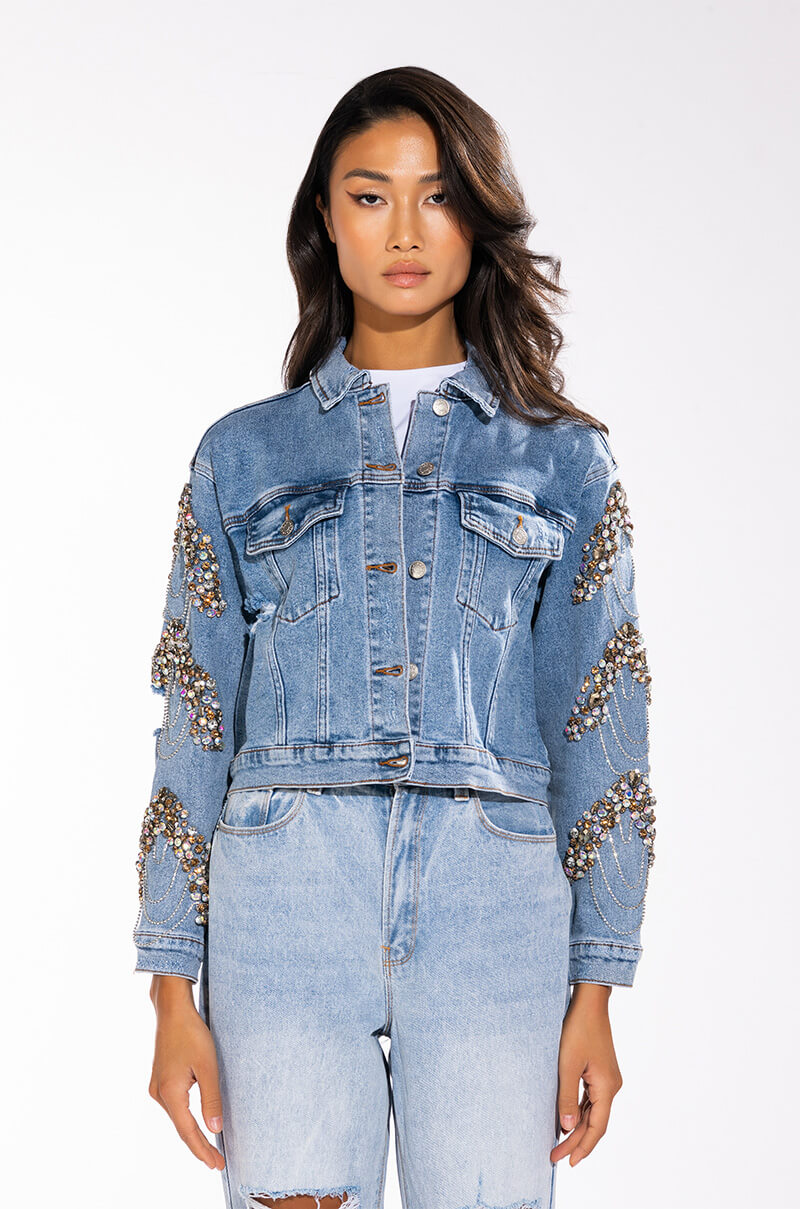 Detail View Glamour Rhinestone Denim Jacket