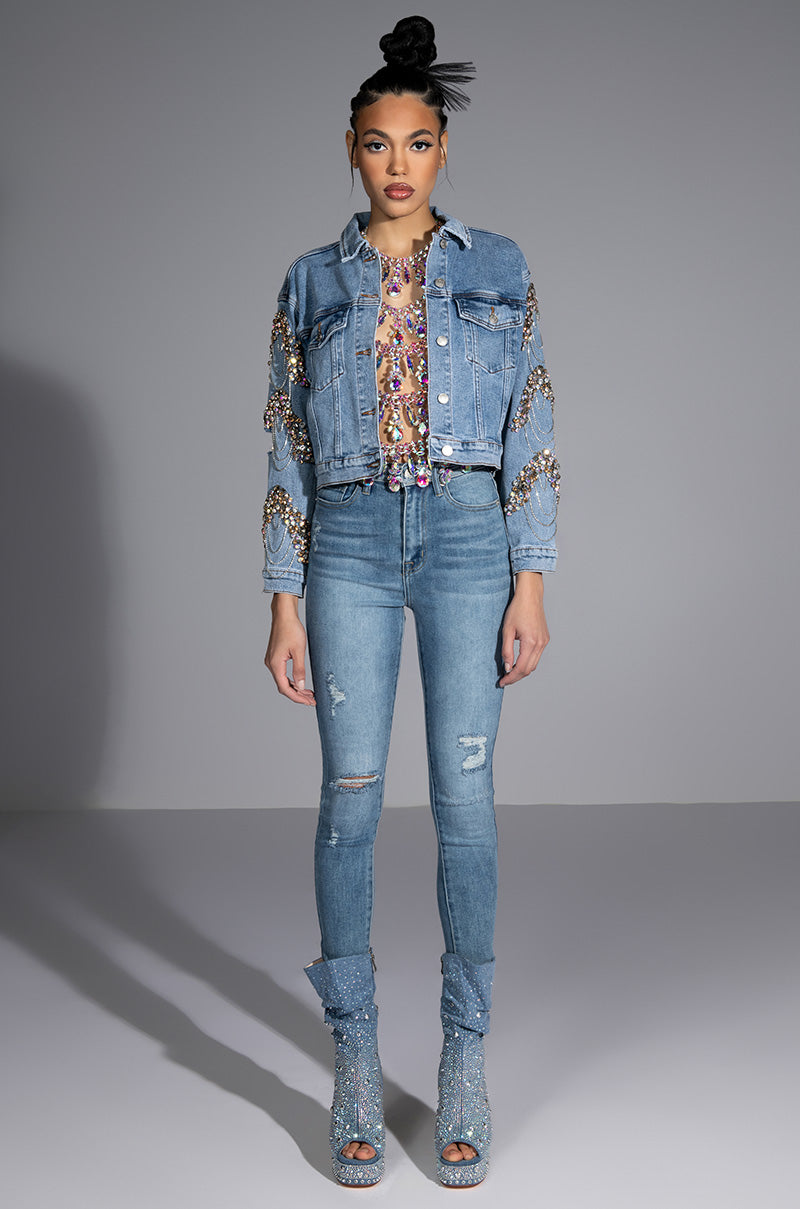 Detail View Glamour Rhinestone Denim Jacket