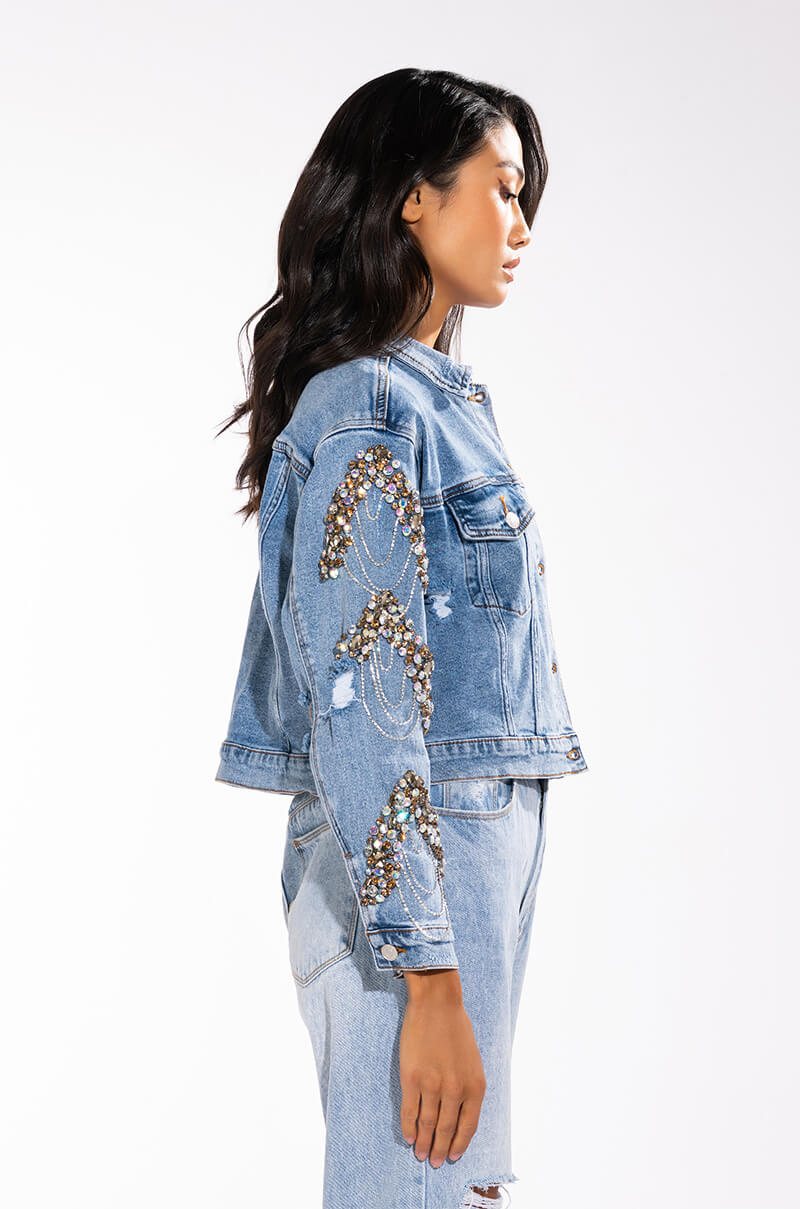 Full View Glamour Rhinestone Denim Jacket