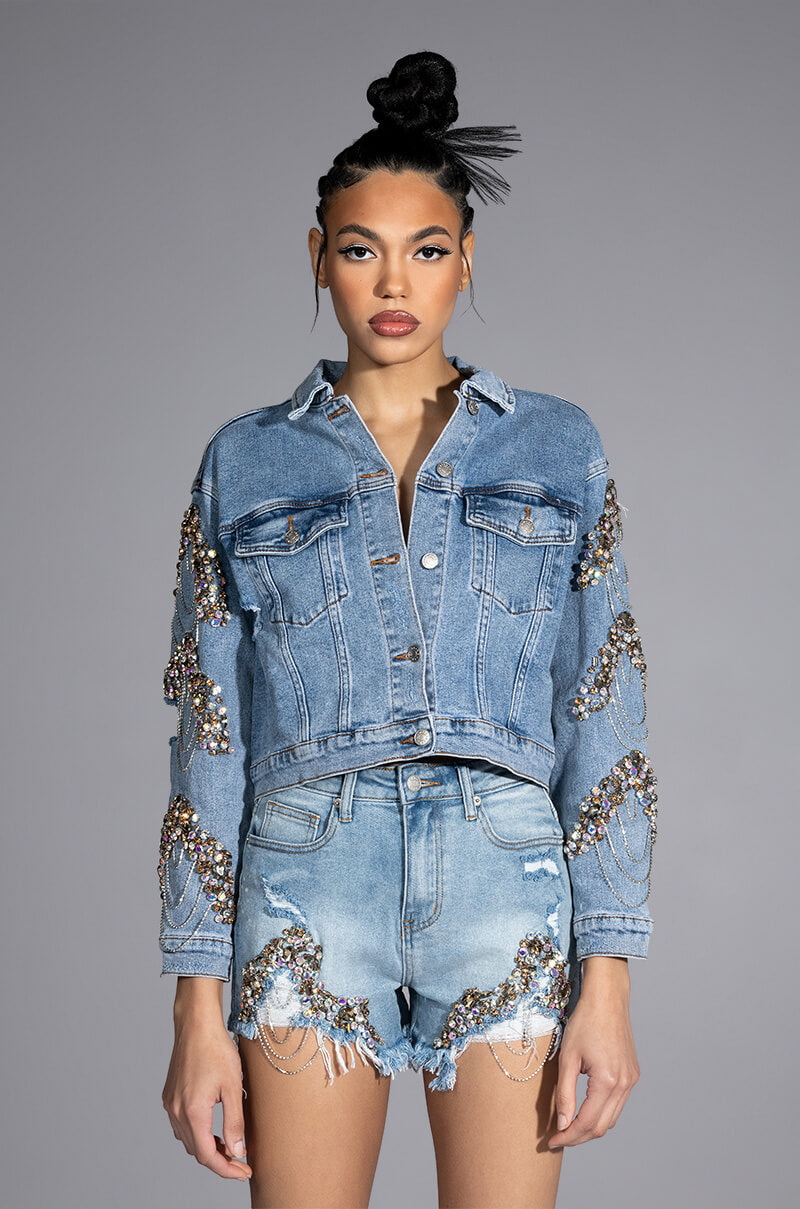 Extra View Glamour Rhinestone Denim Jacket