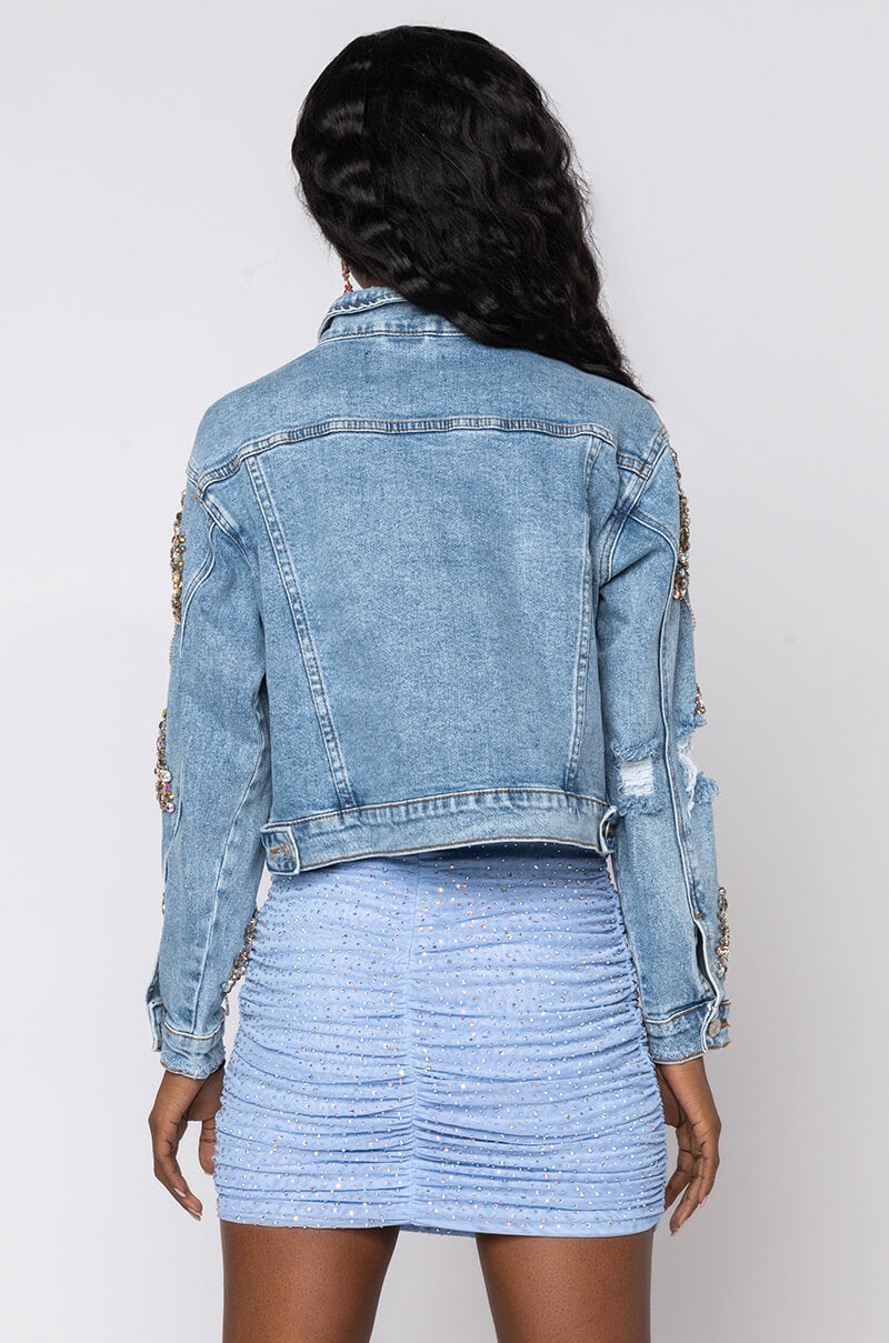 Glamour Rhinestone Denim Jacket in Light Blue Denim
