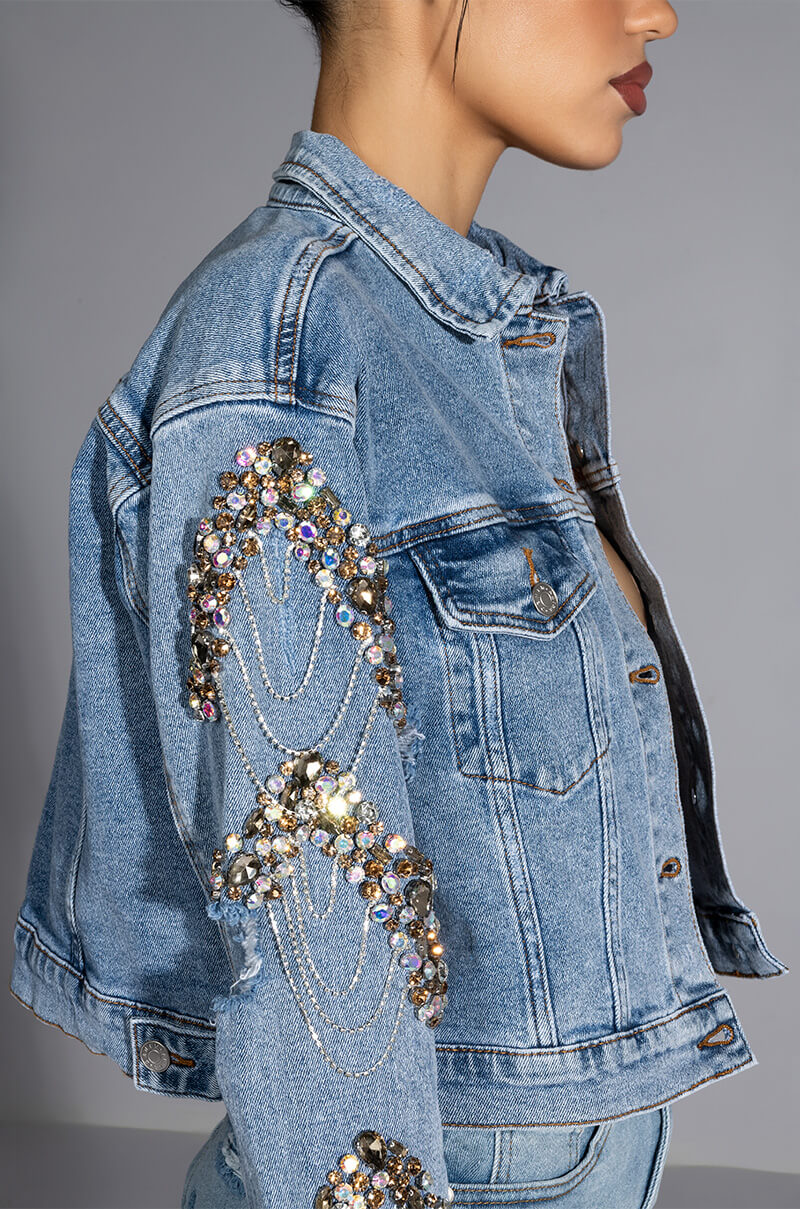 Extra View Glamour Rhinestone Denim Jacket