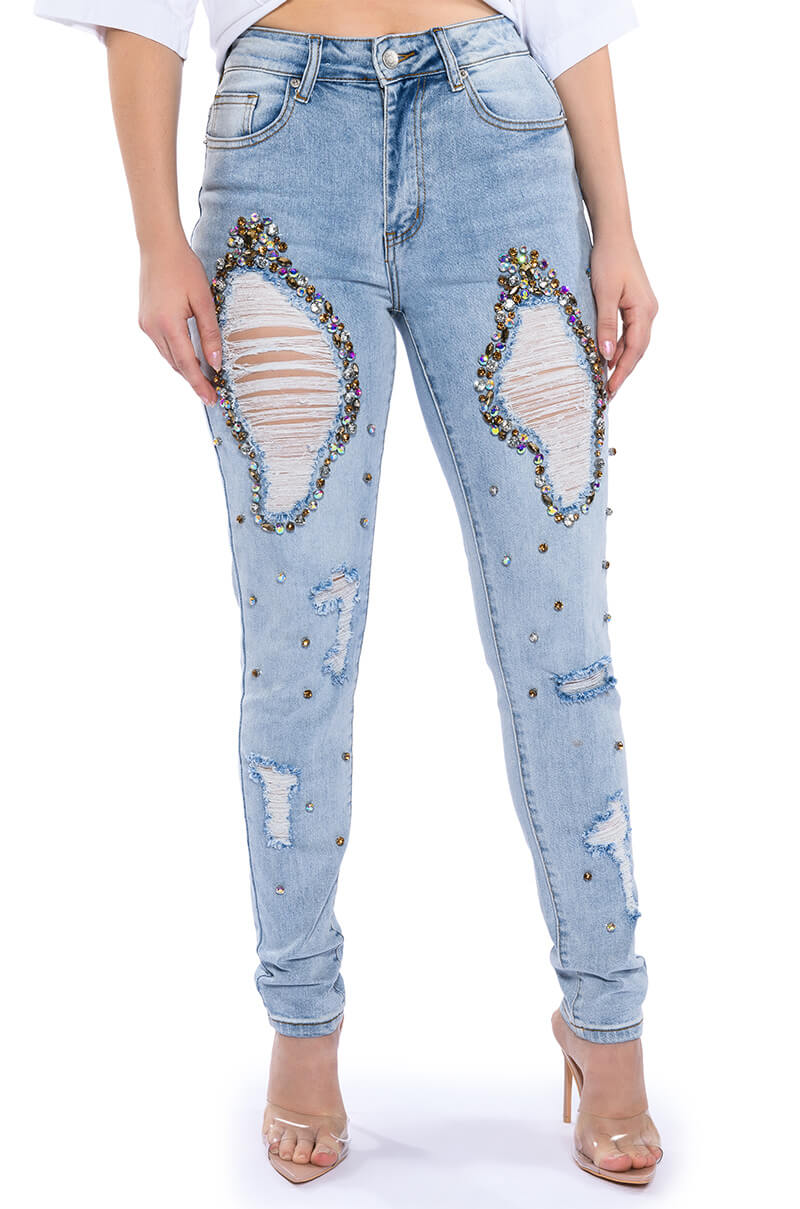 Ripped Jeans Glitter Skinny Jeans GLAMOUR RHINESTONE SKINNY JEANS