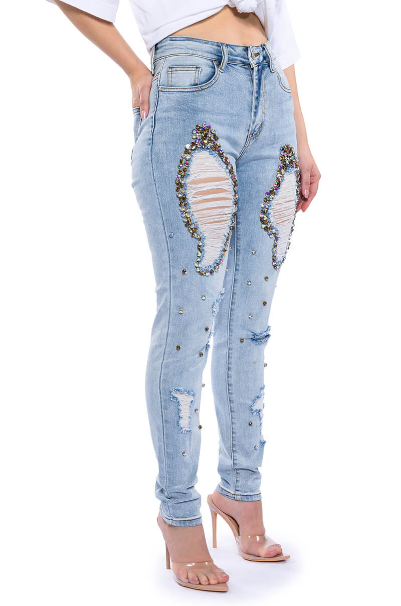 Side View Glamour Rhinestone Skinny Jeans