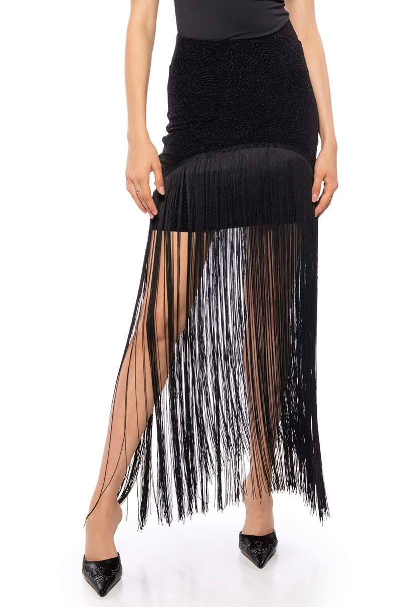Front View Glimpse Of Me Fringe Mini Skirt
